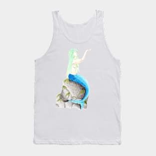 Sitting on the rock, reaching for the stars- Mermaid White Tank Top